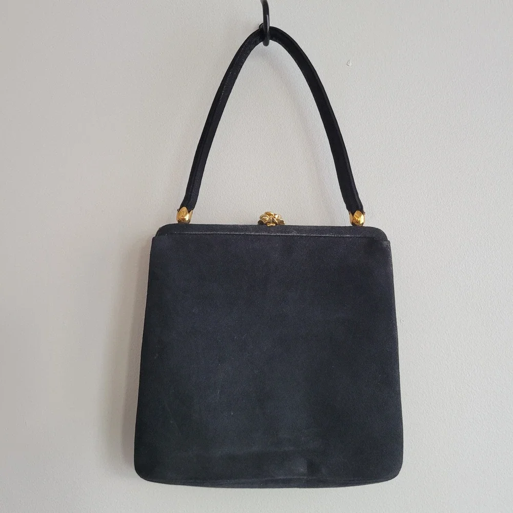 Vintage 60s Coblentz perma suede black satchel handbag purse gold rose detail